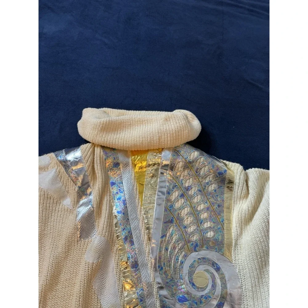 Vtg Bonnie Boerer & Co Knitted Cream Sweater Womens M Ivory Metallic Applique